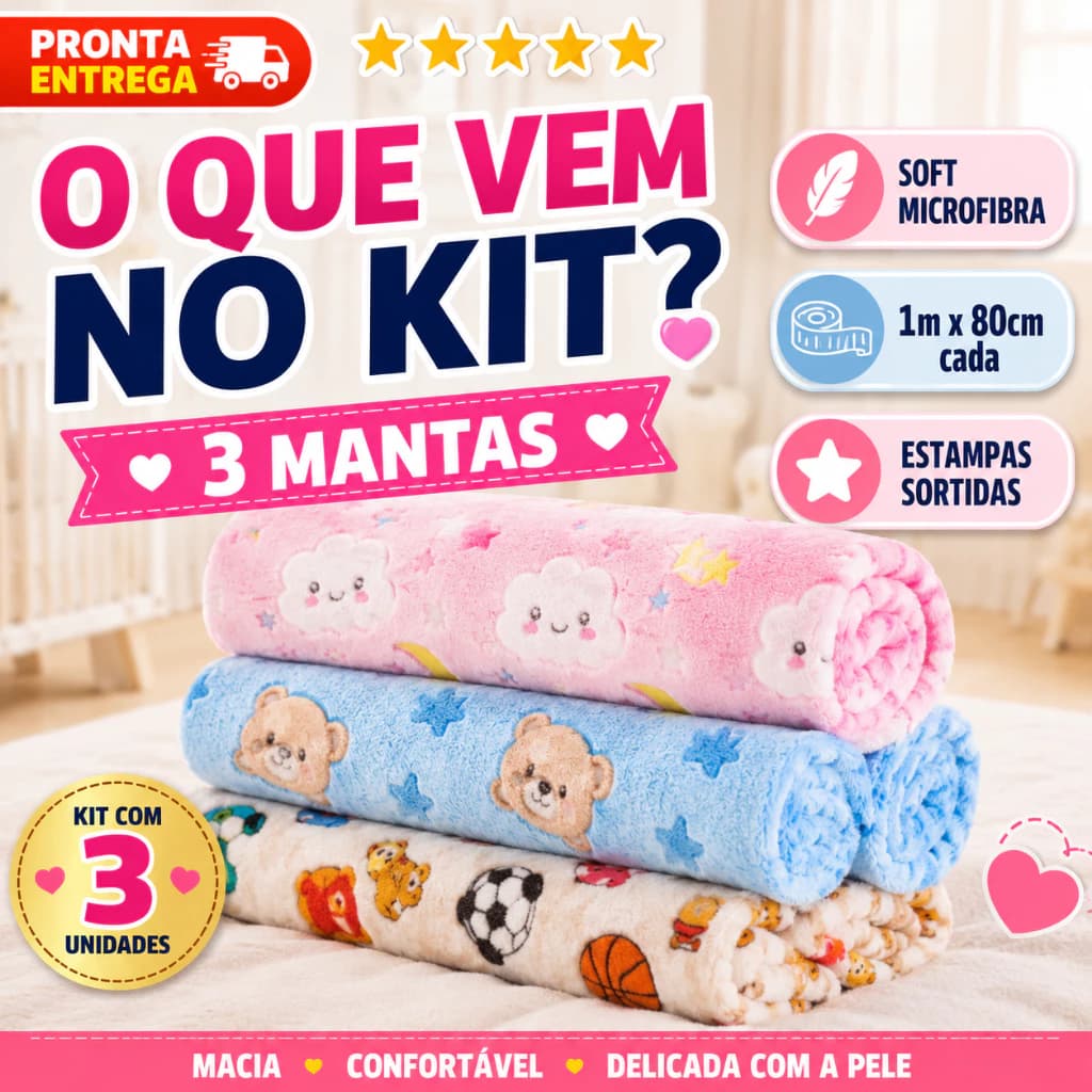 Kit 3 Unidades Manta Soft Microfibra Para Bebê Infantil Inverno Estampada 100cm x 80cm