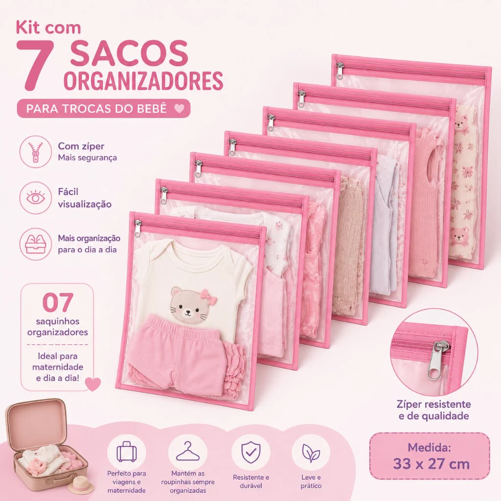 Kit 7 Saquinhos Maternidade Organizador Mala Bebê 27 x 33 MALA/VIAGEM/ROUPA MOLHADA e SECA