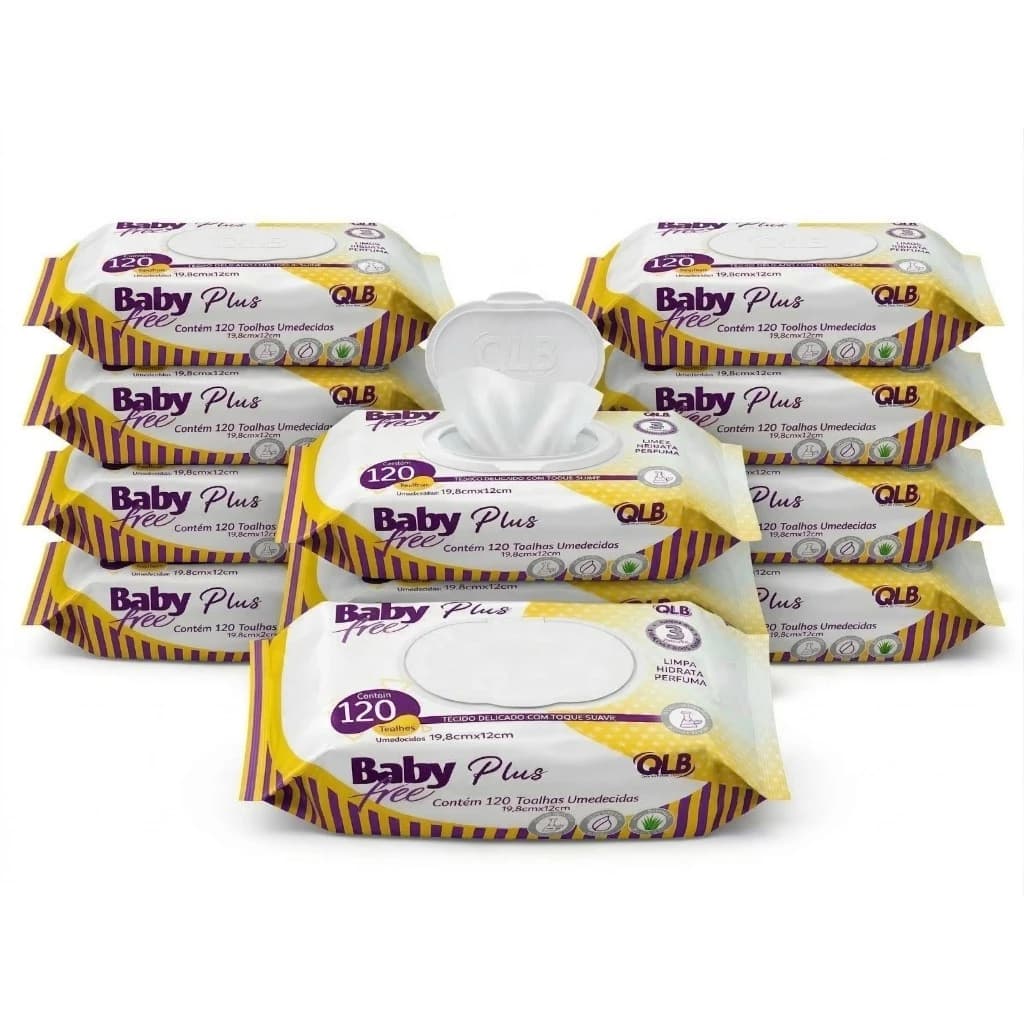 Caixa com 10 Lenços Umedecidos Baby Free Plus com 120 Unidades Cada – Tampa Flip-Top