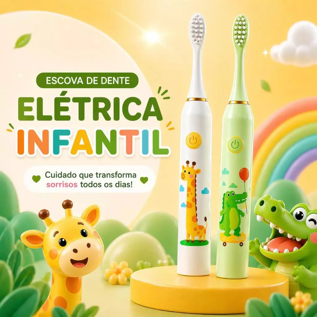 Escova de Dente Elétrica Infantil + 4 Refis Limpeza Suave Cerdas Macias à Prova D'Água Recarregável Higiene