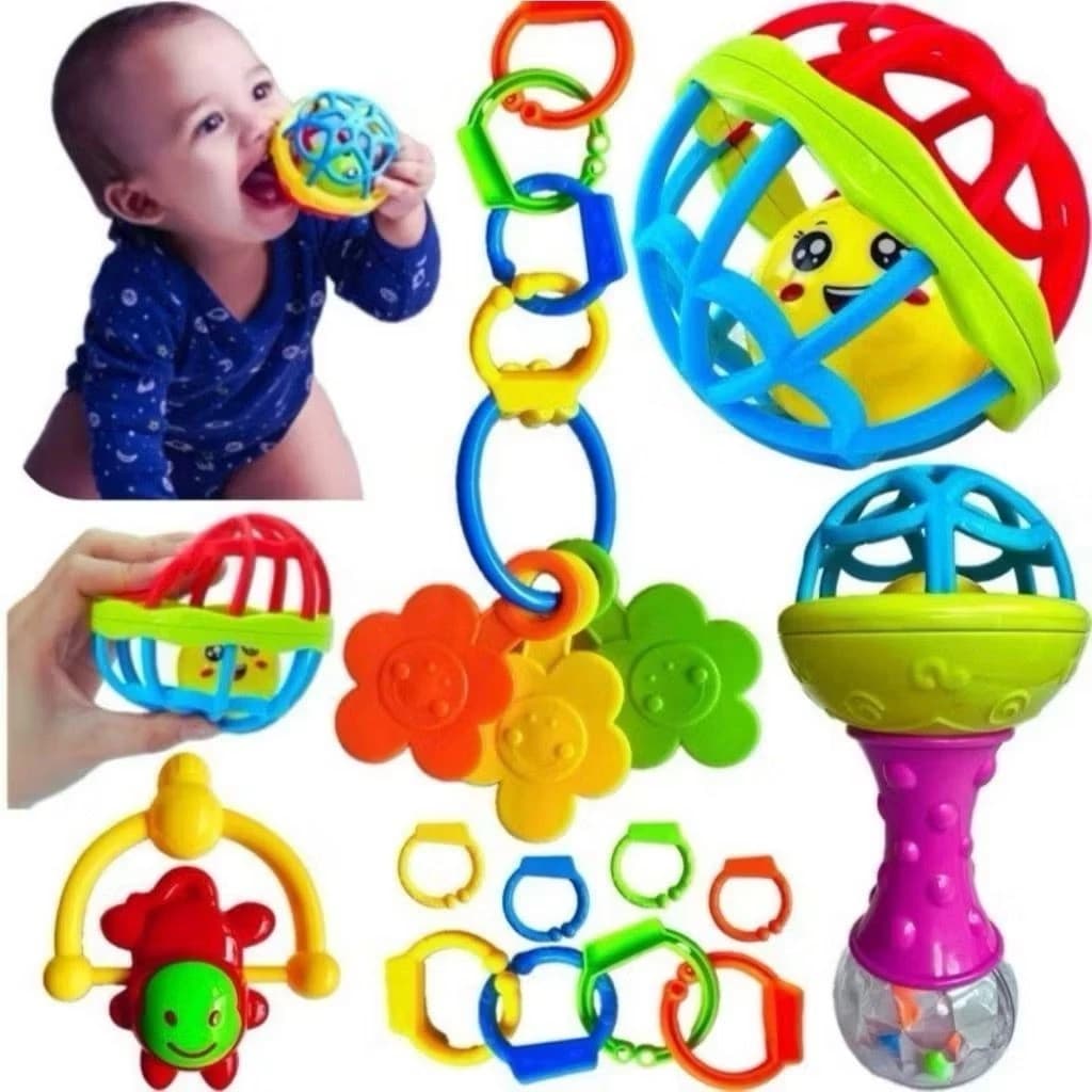 Kit 8 Brinquedos Bebe Chocalho Mordedor Silicone Macio Bola Colorida Para Meninas/Meninos Móbile