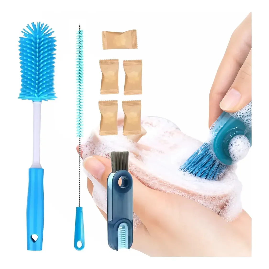 Escova Limpeza Mamadeira Copos Espuma Macia Limpeza Completa Cor Azul Celeste