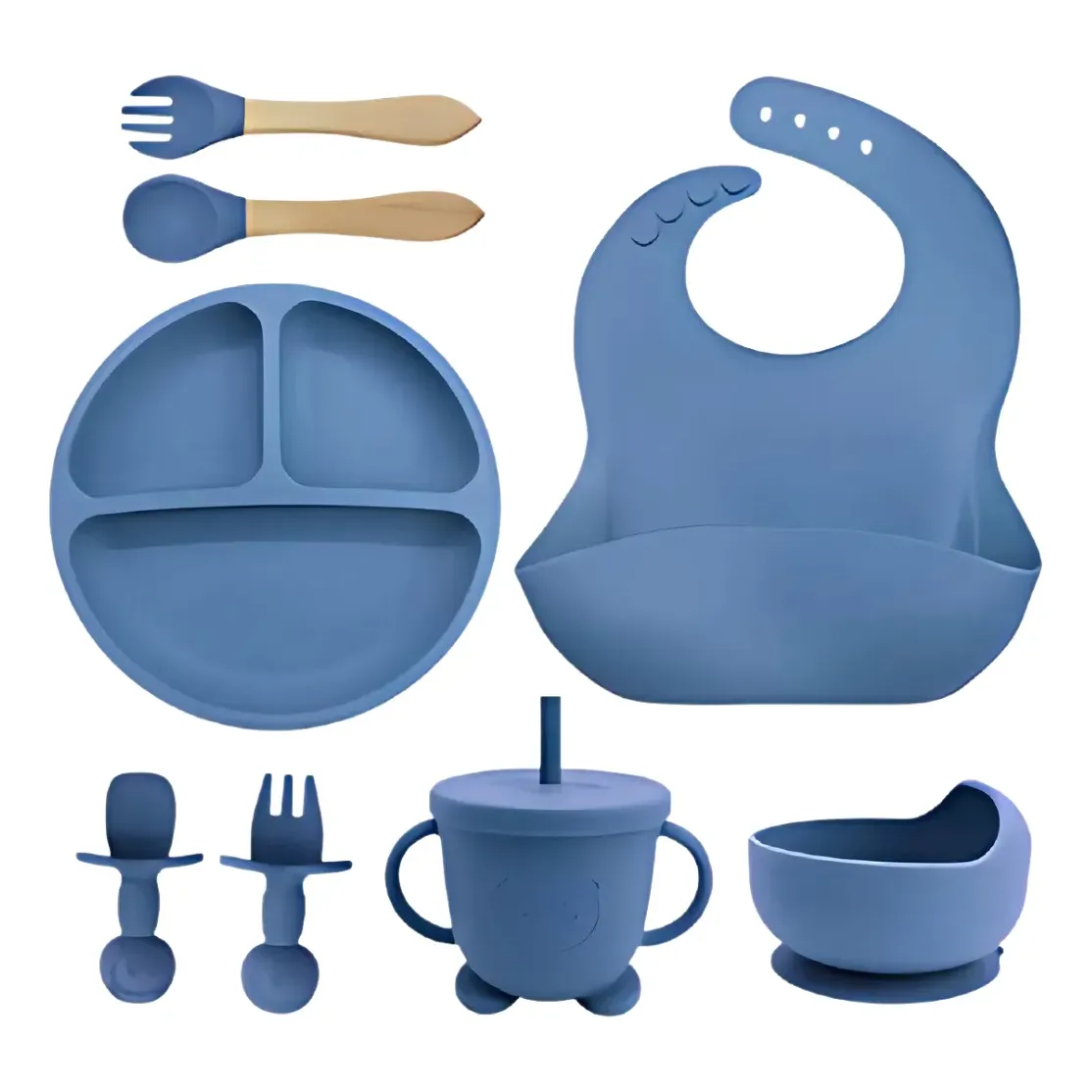 Kit Alimentação Bebê Silicone para Refeição de 8 Peças Azul-Escuro