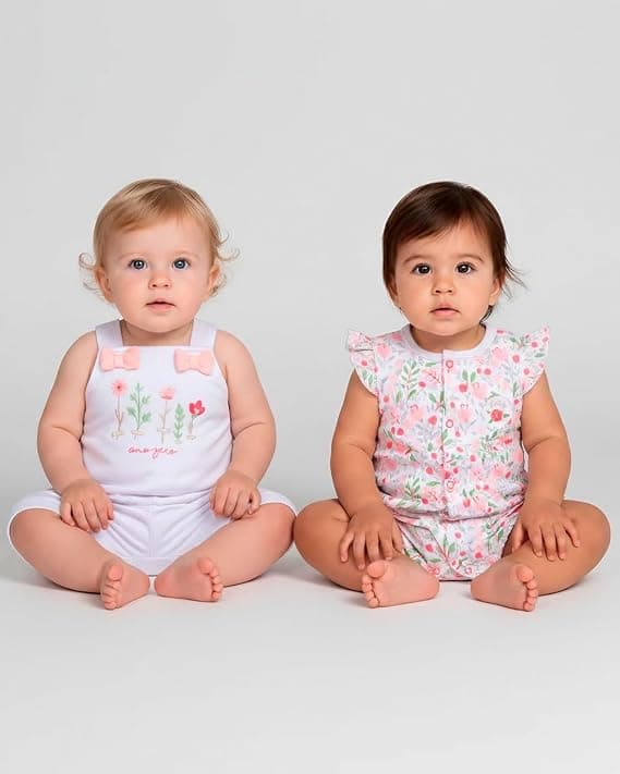 Macacao Bebe Suedine Menina Estampado e Liso Kit Macacão Suedine Algodao Floral 2 Pecas - Branco