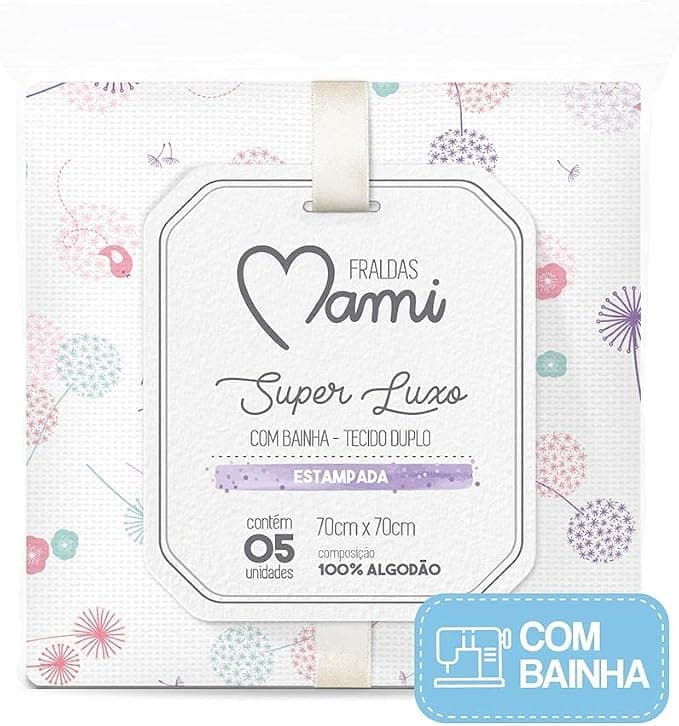 Fralda Pano de Bebê Super Luxo Mami Com Bainha Estampada 70 cm x 70 cm Pacote com 5 Unidades, Rosa