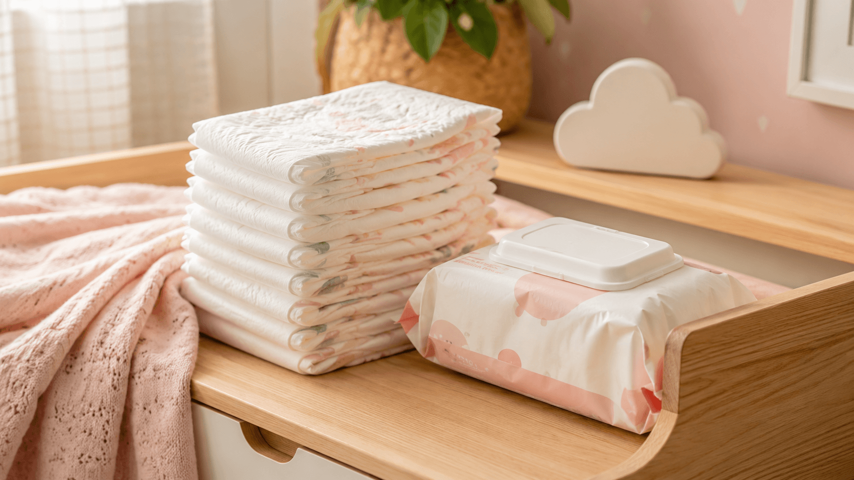 Cesta de fraldas e produtos de bebê organizados sobre superfície clara, ambiente aconchegante