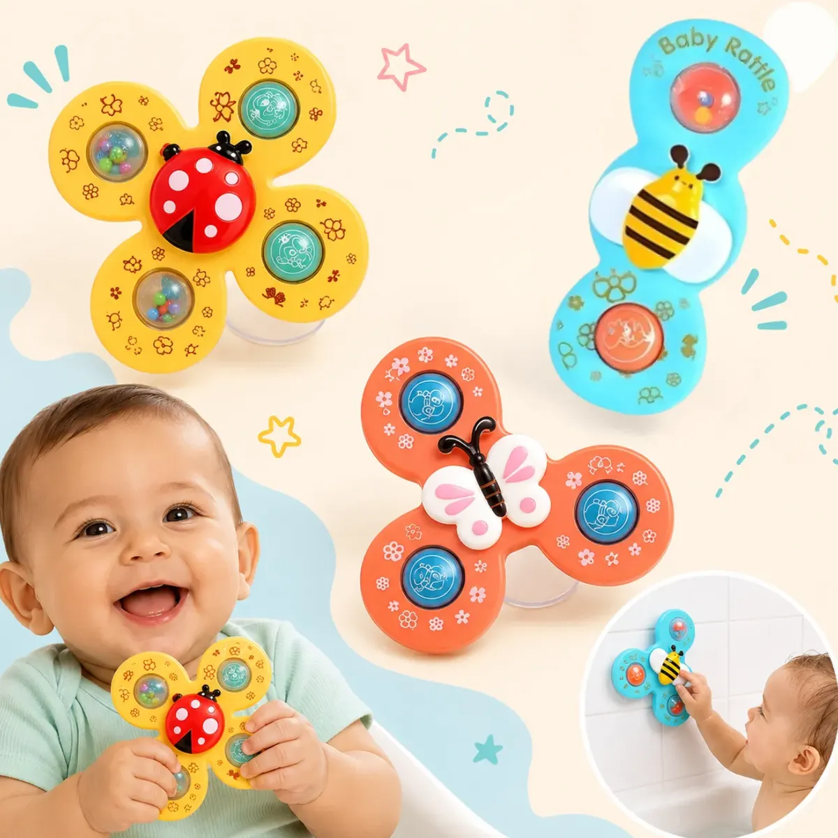 Kit 3 Spinner Brinquedo Bebê Gira C/ Ventosa Sensorial Banho