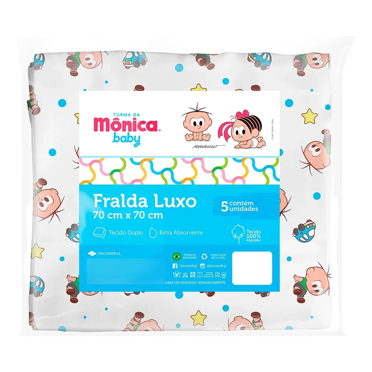 Kit 5 Fraldas De Pano Luxo Turma Da Mônica Baby