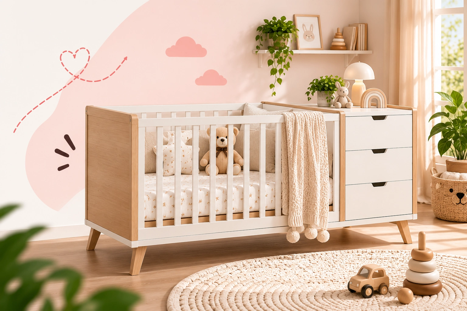 Berço 3 em 1 em promoção na Mamii Berço 3 em 1 branco montado em quarto de bebê