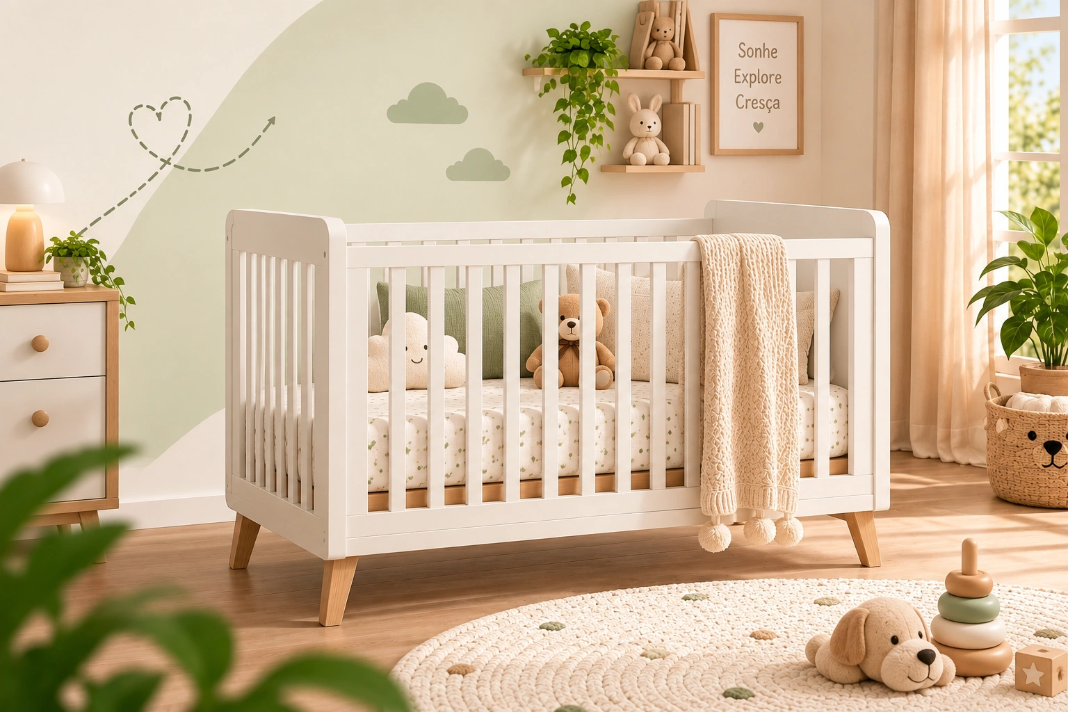 Berço americano em promoção na Mamii Berço americano branco em quarto de bebê decorado