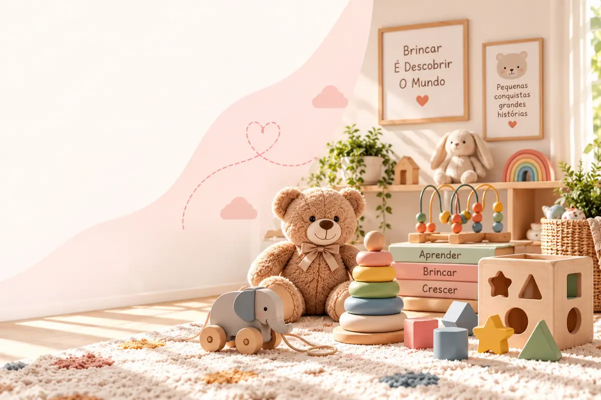 Brinquedos infantis em promoção na Mamii Brinquedos infantis educativos com urso de pelúcia, blocos de madeira e brinquedos de encaixe