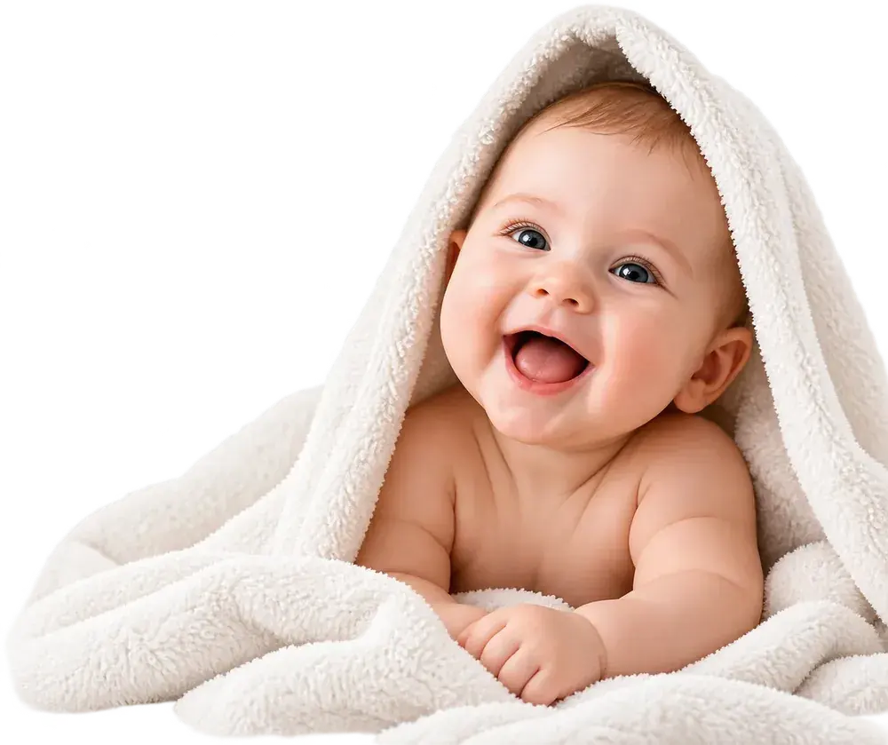 Bebê sorridente envolto em toalha branca felpuda, destaque da categoria de fraldas