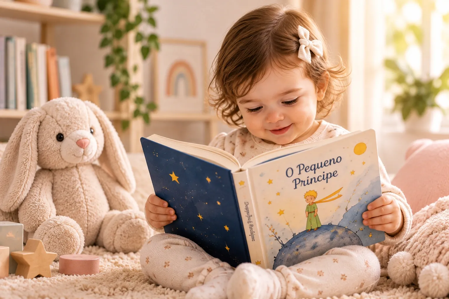 Livros infantis em promoção na Mamii Criança sentada olhando o livro ilustrado O Pequeno Príncipe, com estante de livros e brinquedos ao redor