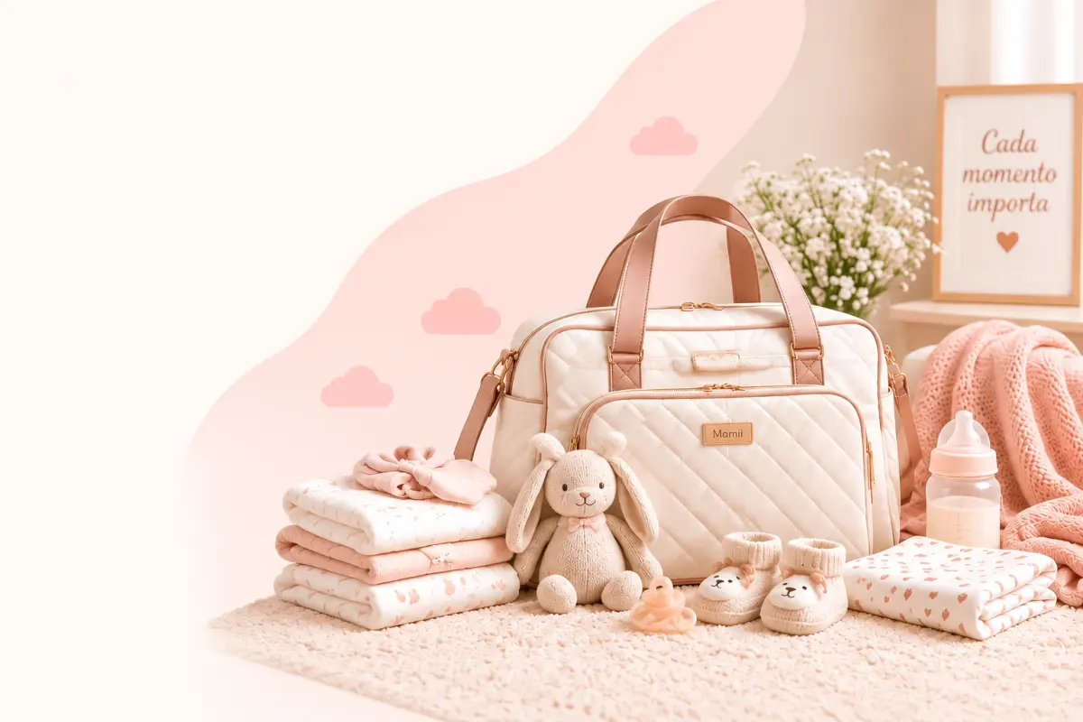 Itens para maternidade e gestante em promoção na Mamii Bolsa maternidade acompanhada de roupas, manta, mamadeira e acessórios para bebê