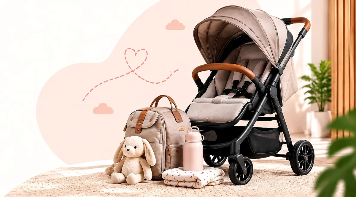 Carrinhos e bebê conforto em promoção na Mamii Carrinho de passeio bege ao lado de mochila maternidade, ursinho de pelúcia e manta