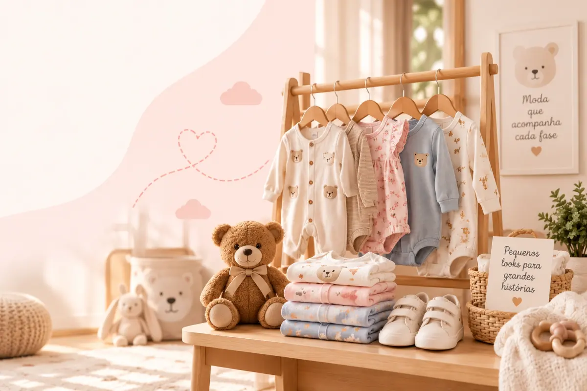 Roupas infantis em promoção na Mamii Roupas infantis em tons suaves organizadas em arara ao lado de brinquedos