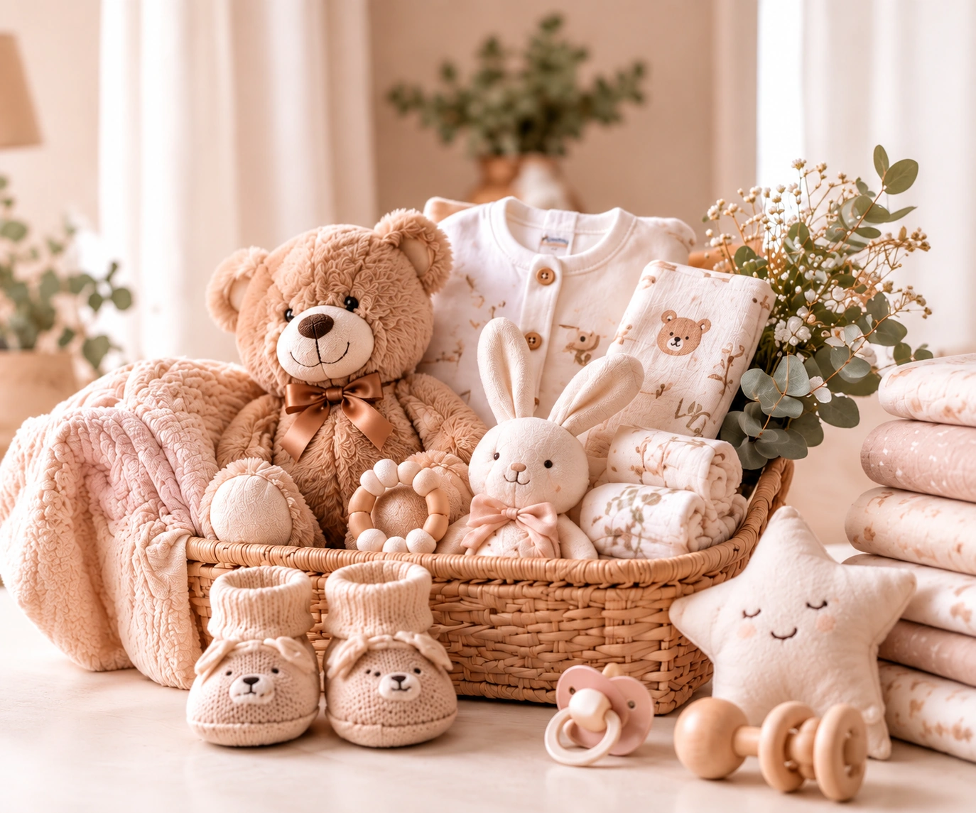 Presentes de chá de bebê em promoção na Mamii Presentes de chá de bebê embrulhados ao lado de manta e naninha