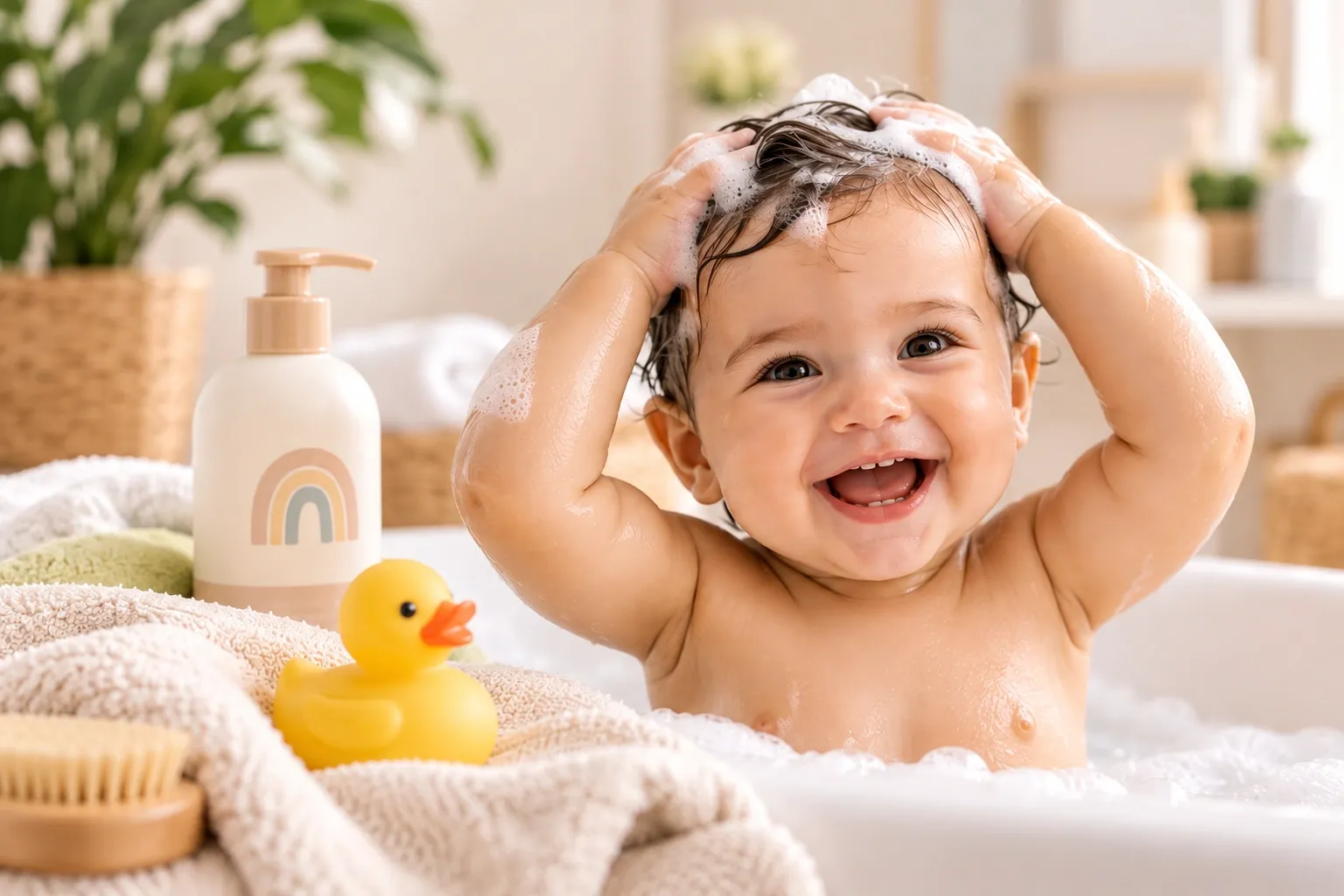Shampoo para bebê em promoção na Mamii Bebê sorridente durante o banho com espuma de shampoo no cabelo e patinho de borracha ao lado
